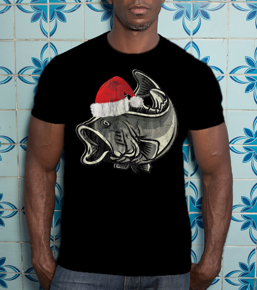 Christmas Bass With Santa Hat T-Shirt