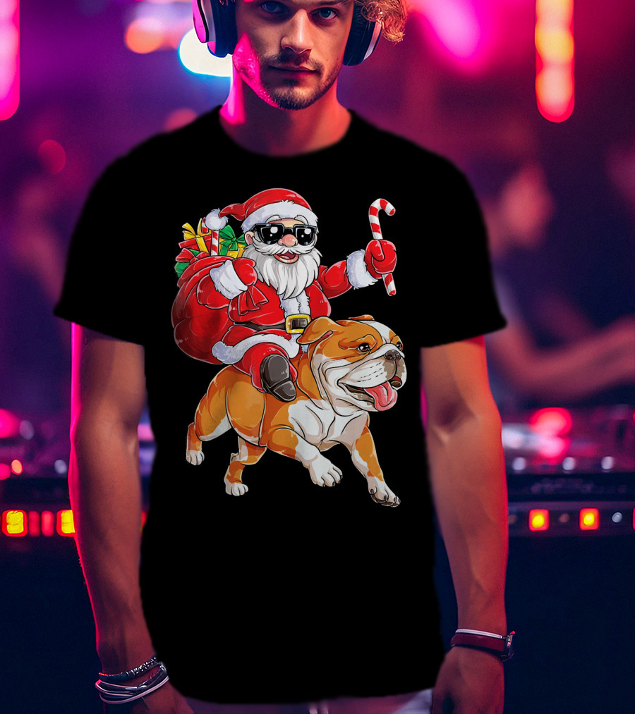 Santa Riding English Bulldog Christmas College Holiday T-Shirt
