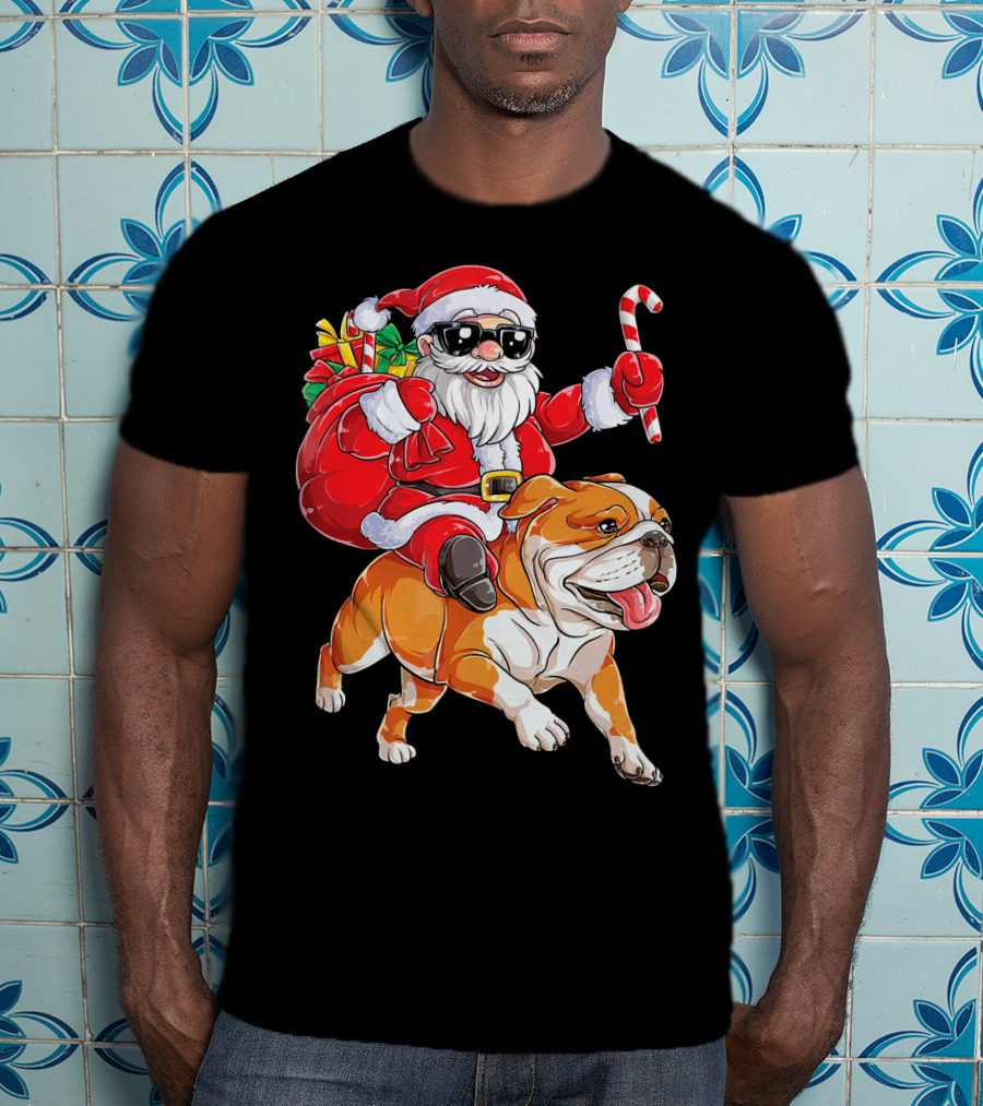Santa Riding English Bulldog Christmas College Holiday T-Shirt