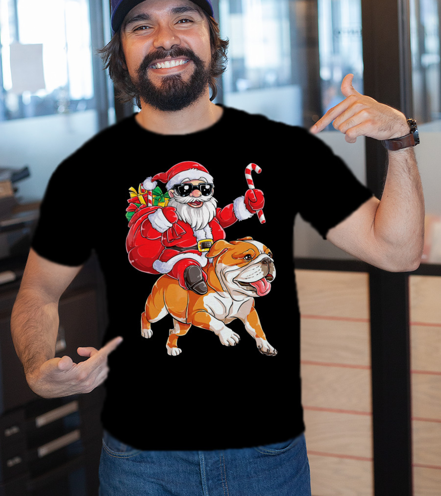 Santa Riding English Bulldog Christmas College Holiday T-Shirt