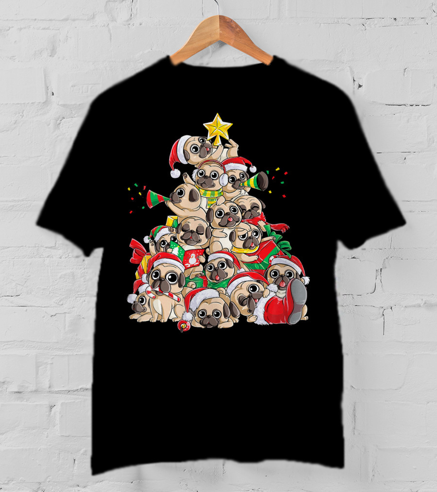 Merry Pugmas Christmas Tree With Pugs In Santa Hats T-Shirt
