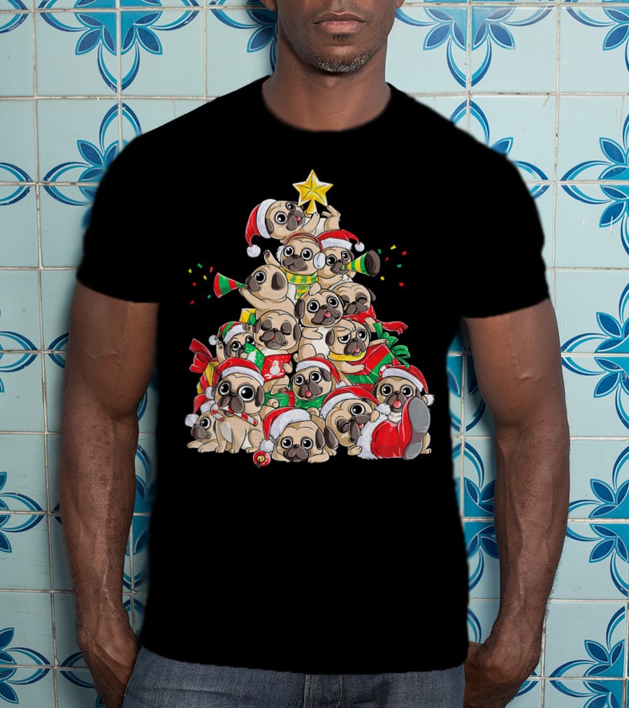 Merry Pugmas Christmas Tree With Pugs In Santa Hats T-Shirt