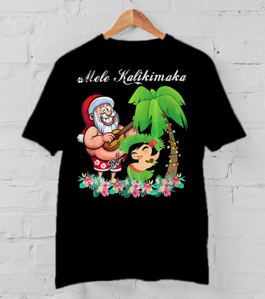 Mele Kalikimaka Christmas Santa Hawaii With Hula Dancer And Palm Tree T-Shirt