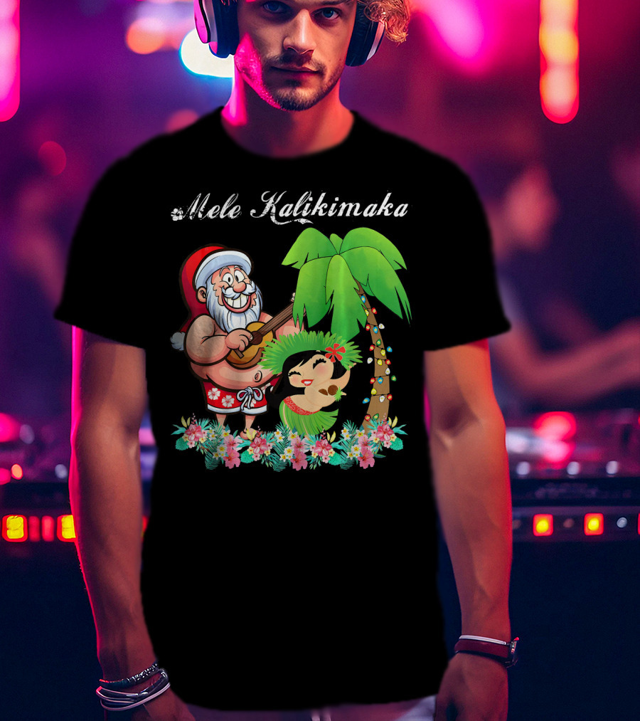 Mele Kalikimaka Christmas Santa Hawaii With Hula Dancer And Palm Tree T-Shirt