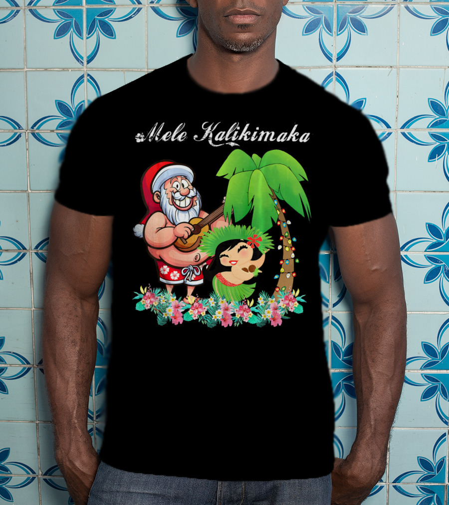 Mele Kalikimaka Christmas Santa Hawaii With Hula Dancer And Palm Tree T-Shirt
