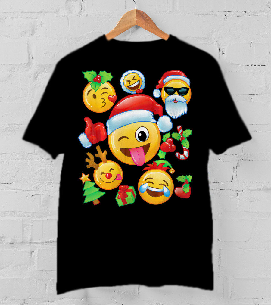Santa Emoji Christmas Fun With Reindeer Candy Cane Gifts And Holly T-Shirt
