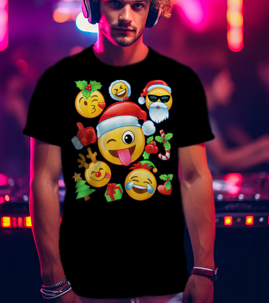 Santa Emoji Christmas Fun With Reindeer Candy Cane Gifts And Holly T-Shirt