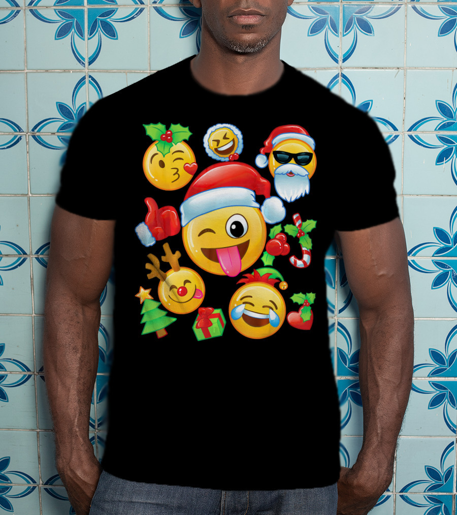 Santa Emoji Christmas Fun With Reindeer Candy Cane Gifts And Holly T-Shirt