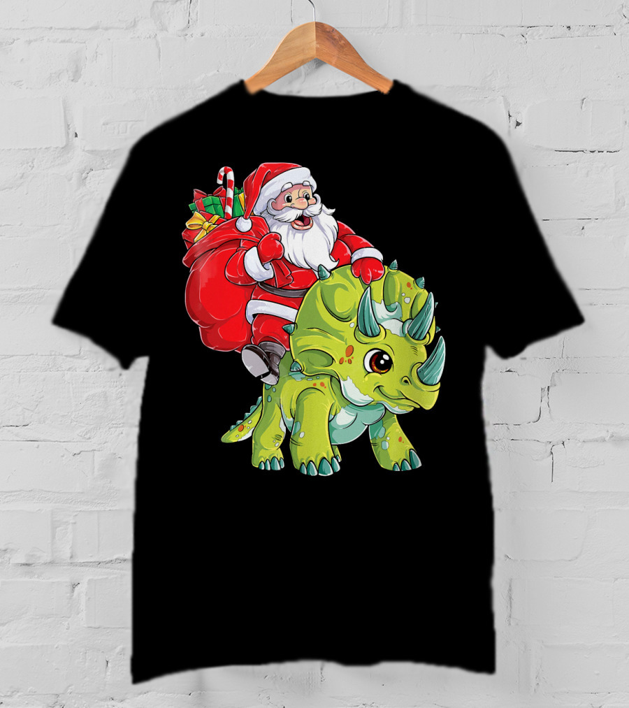 Santa Riding Triceratops Dinosaur Christmas Boys Santa Tric T-Shirt