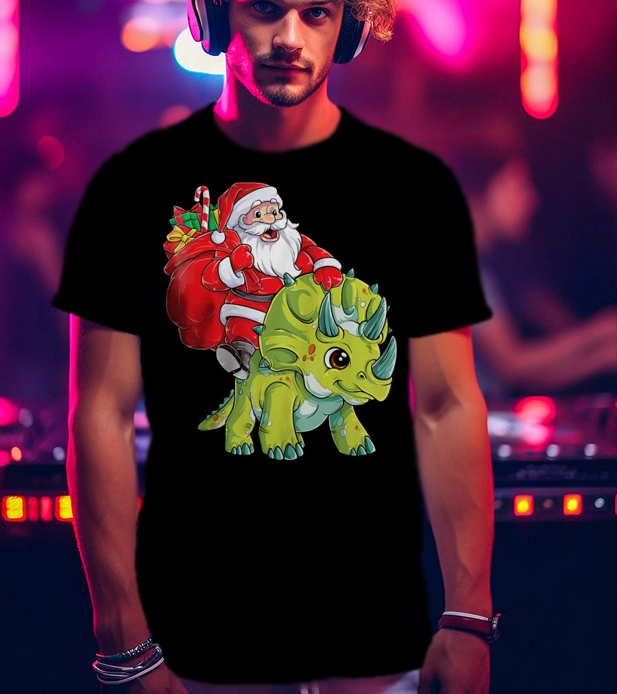 Santa Riding Triceratops Dinosaur Christmas Boys Santa Tric T-Shirt