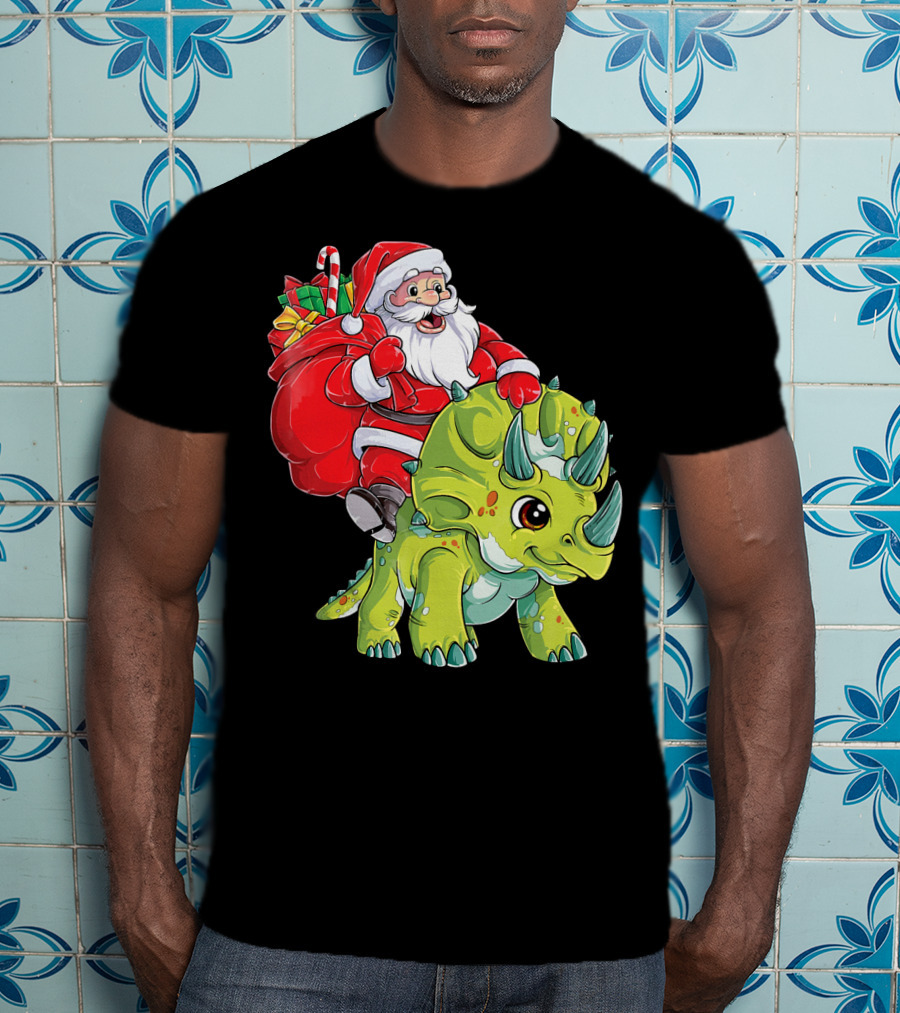 Santa Riding Triceratops Dinosaur Christmas Boys Santa Tric T-Shirt