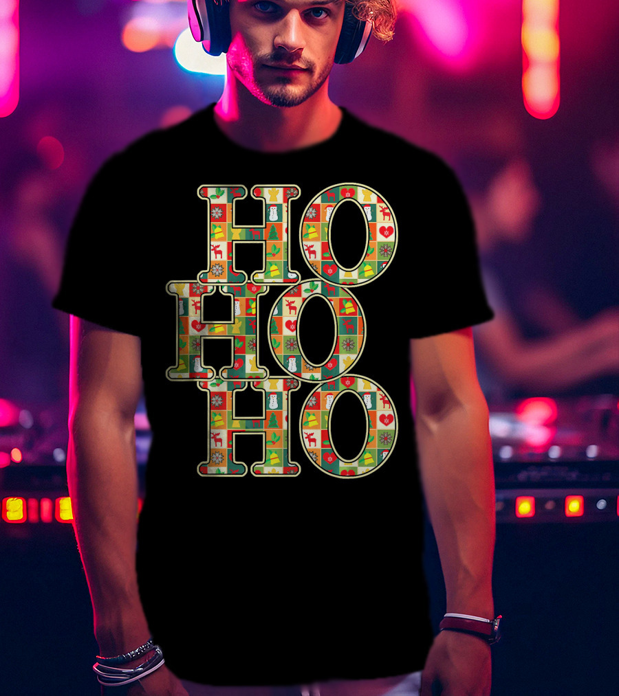 HoHoHo Funny Christmas Santa Patchwork Reindeer Snowman Ornaments T-Shirt