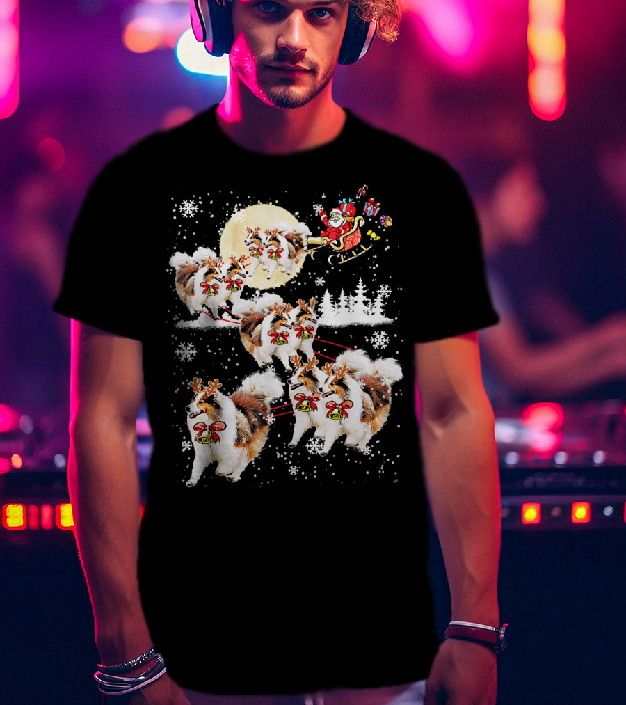 Sheltie Reindeer Christmas Nice Dog Santa Sleigh Moon Snowflakes T-Shirt