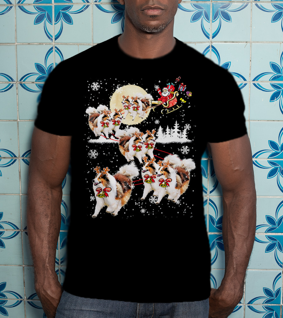 Sheltie Reindeer Christmas Nice Dog Santa Sleigh Moon Snowflakes T-Shirt