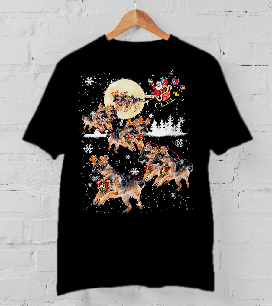 Santa Sleigh German Shepherd Reindeer Christmas Snowflakes Moon T-Shirt