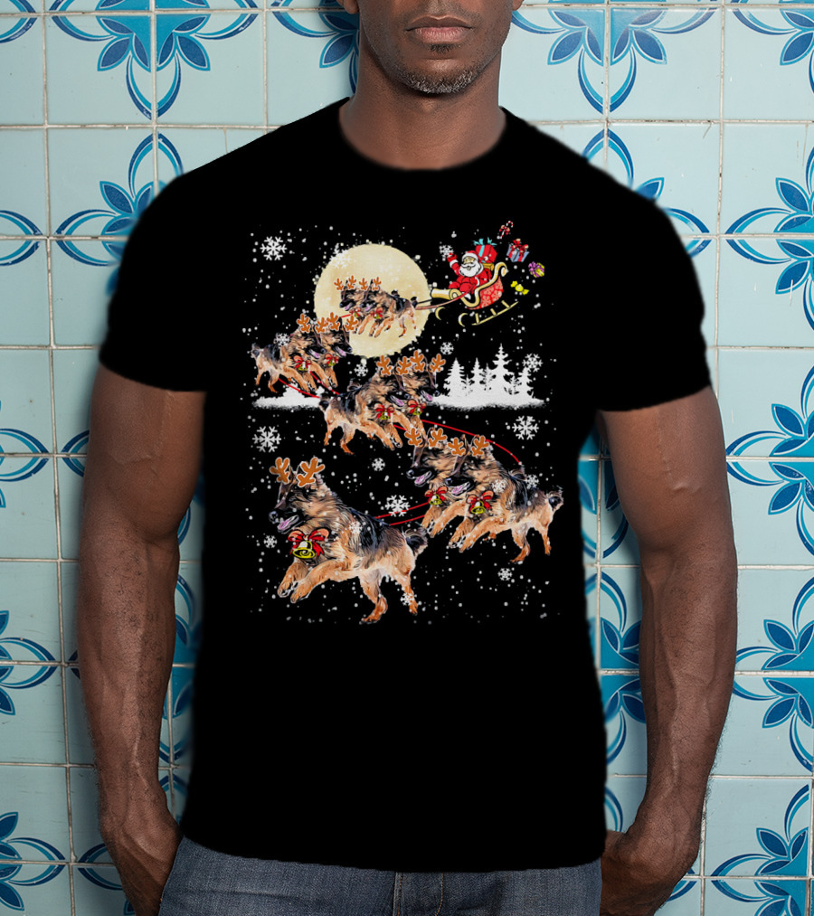 Santa Sleigh German Shepherd Reindeer Christmas Snowflakes Moon T-Shirt