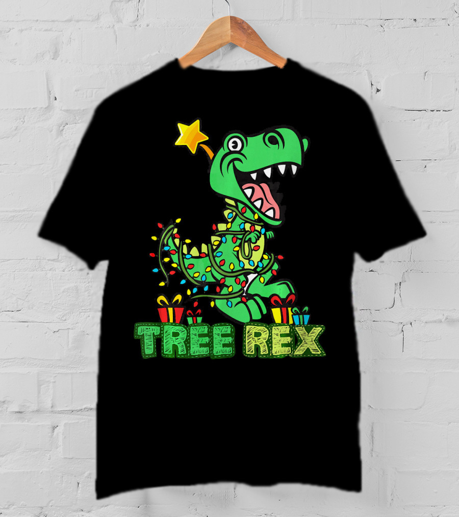 Tree Rex Dinosaur Wrapped In Christmas Lights With Presents And Star T-Shirt