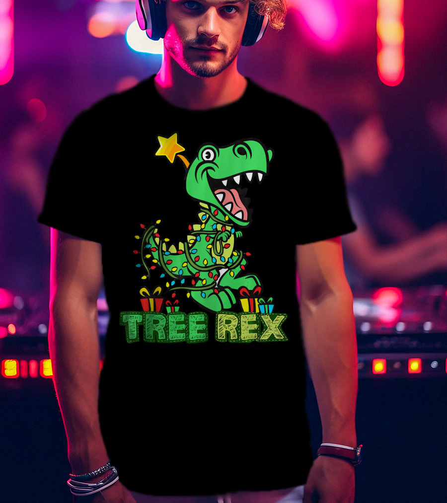 Tree Rex Dinosaur Wrapped In Christmas Lights With Presents And Star T-Shirt