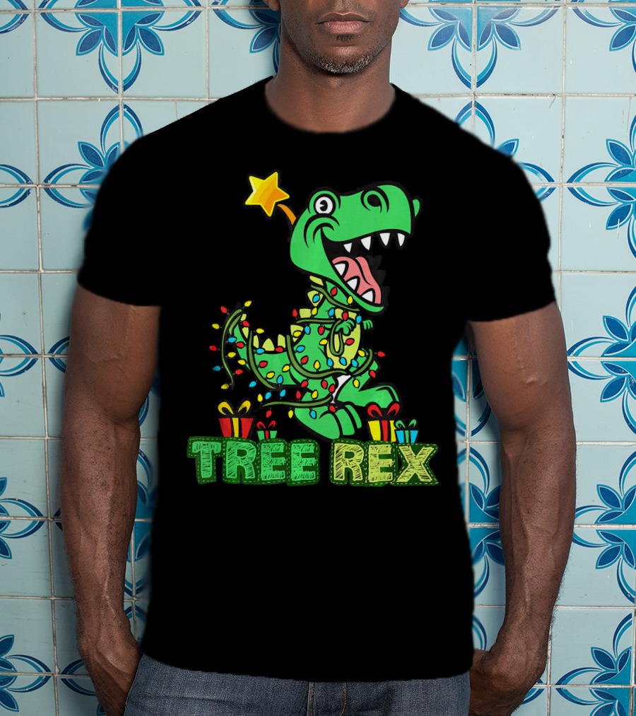 Tree Rex Dinosaur Wrapped In Christmas Lights With Presents And Star T-Shirt