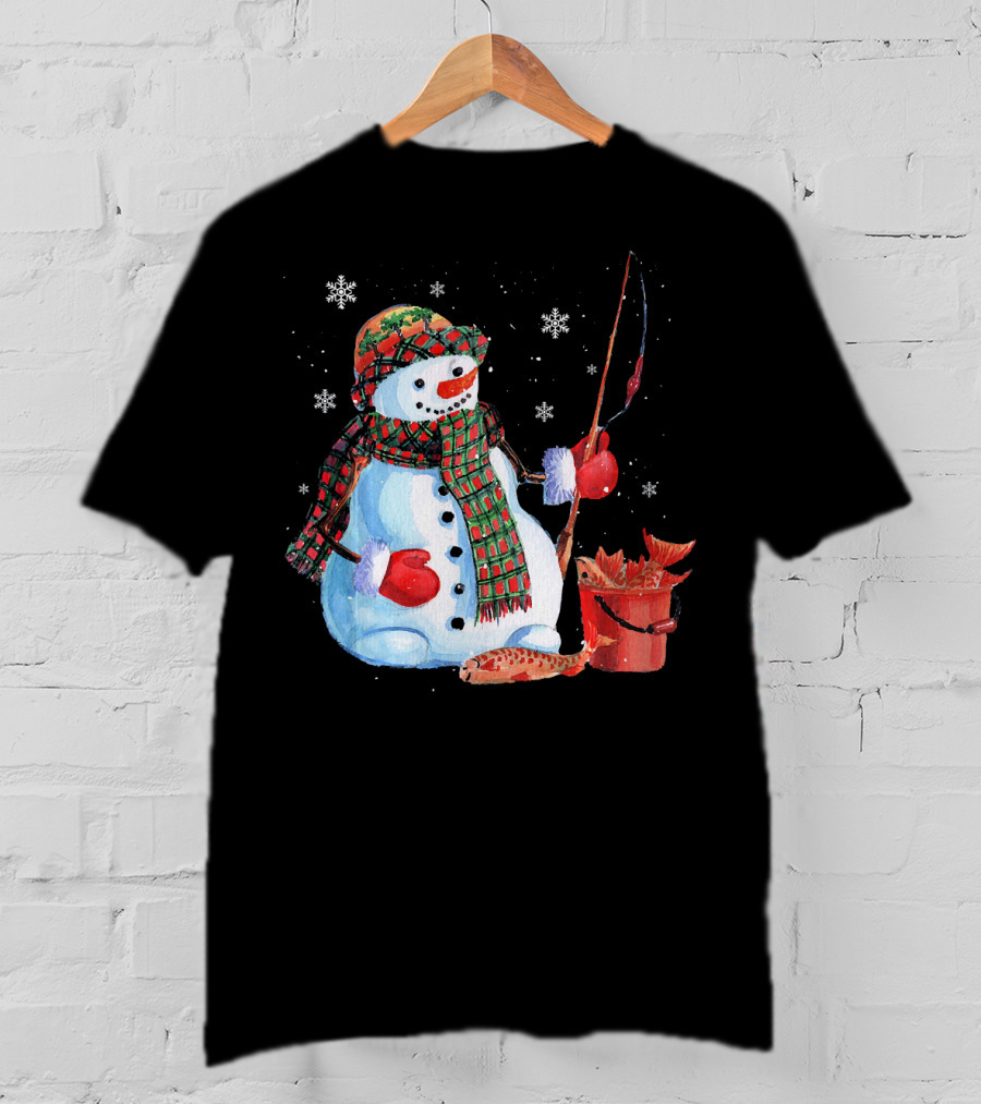Merry Christmas Snowman Fishing With Fish And Snowflakes T-Shirt