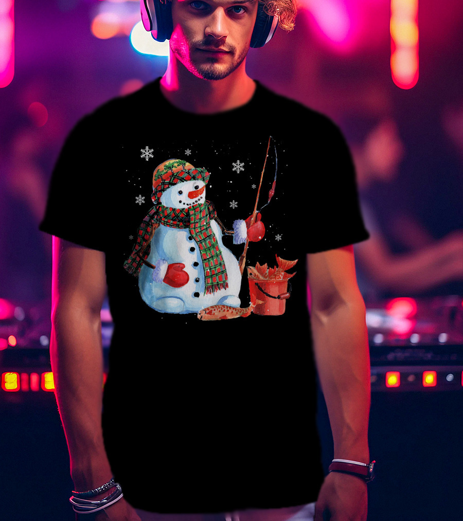 Merry Christmas Snowman Fishing With Fish And Snowflakes T-Shirt