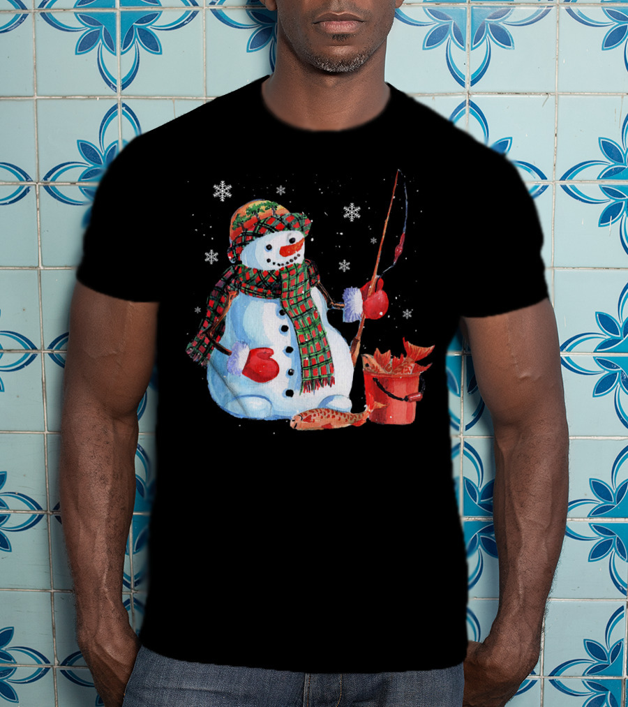 Merry Christmas Snowman Fishing With Fish And Snowflakes T-Shirt