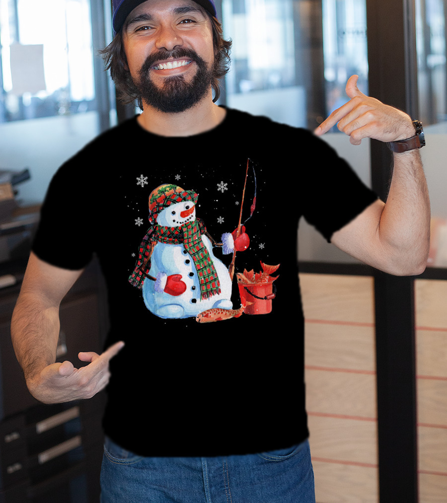 Merry Christmas Snowman Fishing With Fish And Snowflakes T-Shirt