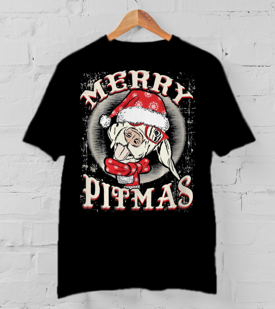 Merry Pitmas Santa Hat Festive Dog T-Shirt