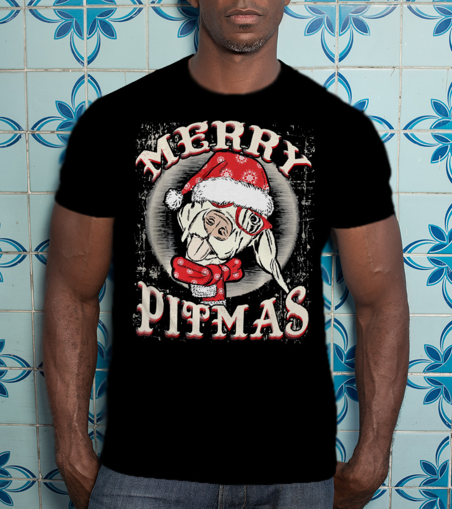 Merry Pitmas Santa Hat Festive Dog T-Shirt