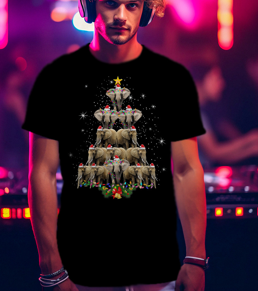Elephant Christmas Tree Merry Xmas Eleph Santa Hat Star Lights Holiday T-Shirt