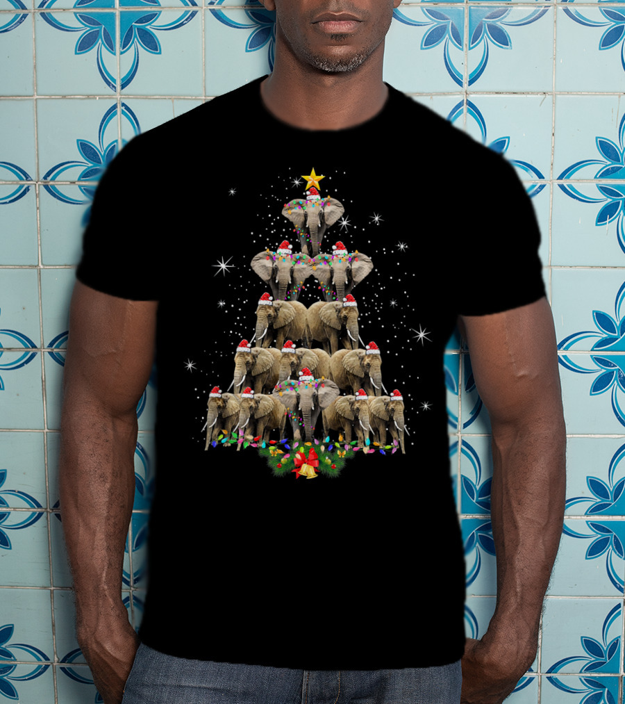 Elephant Christmas Tree Merry Xmas Eleph Santa Hat Star Lights Holiday T-Shirt