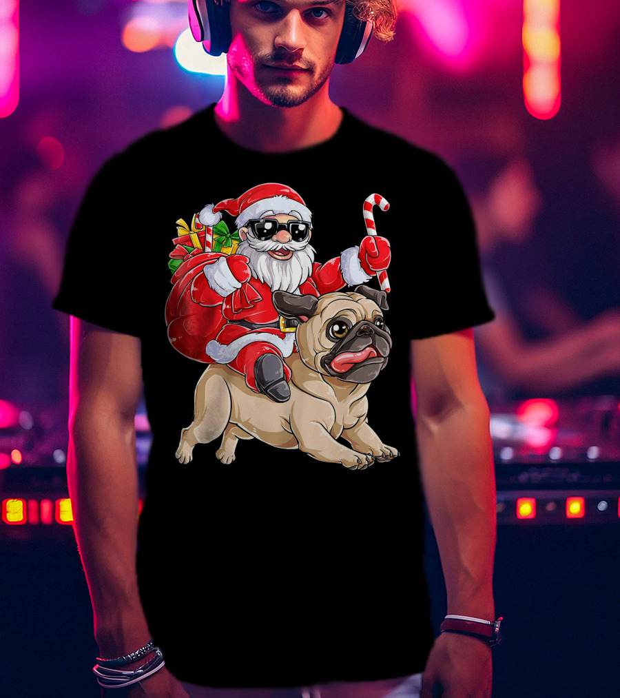 Santa Claus Riding Pug With Candy Cane And Gifts T-Shirt