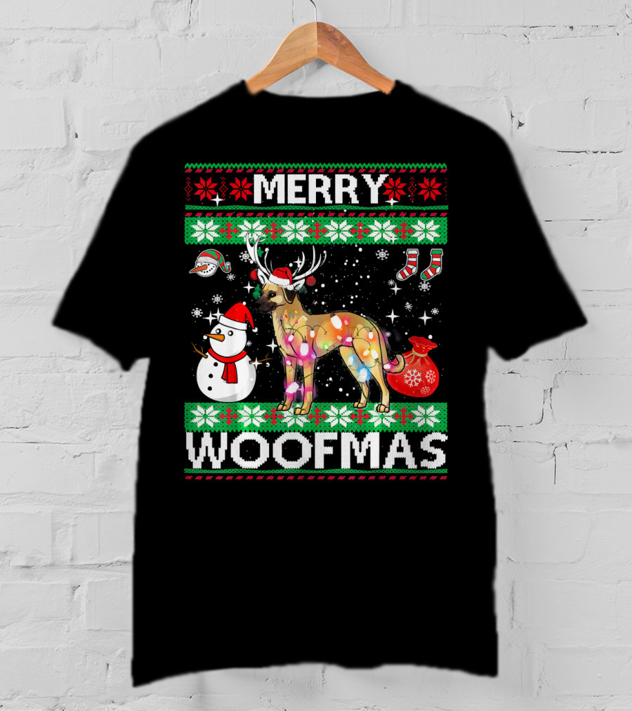 Merry Woofmas Anatolian Shepherd Reindeer Lights Holiday Sweater Snowman Stockings T-Shirt