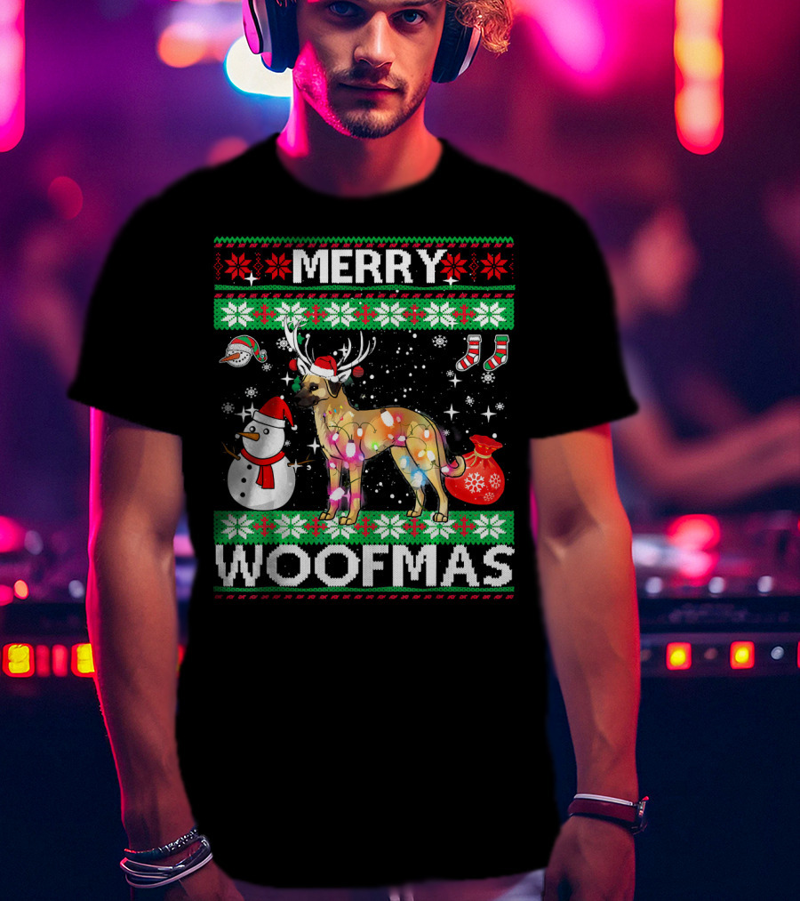 Merry Woofmas Anatolian Shepherd Reindeer Lights Holiday Sweater Snowman Stockings T-Shirt