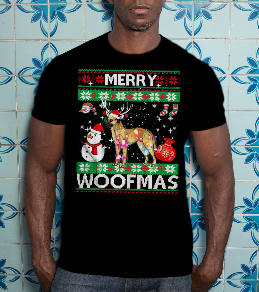 Merry Woofmas Anatolian Shepherd Reindeer Lights Holiday Sweater Snowman Stockings T-Shirt