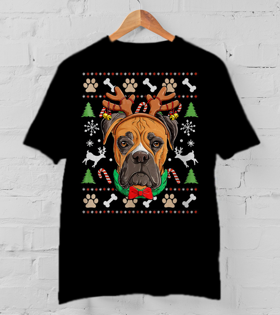 Boxer Ugly Christmas Reindeer Antlers Candy Canes Snowflakes Green Trees T-Shirt