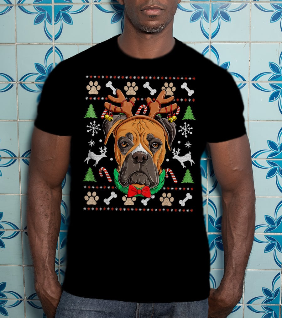 Boxer Ugly Christmas Reindeer Antlers Candy Canes Snowflakes Green Trees T-Shirt