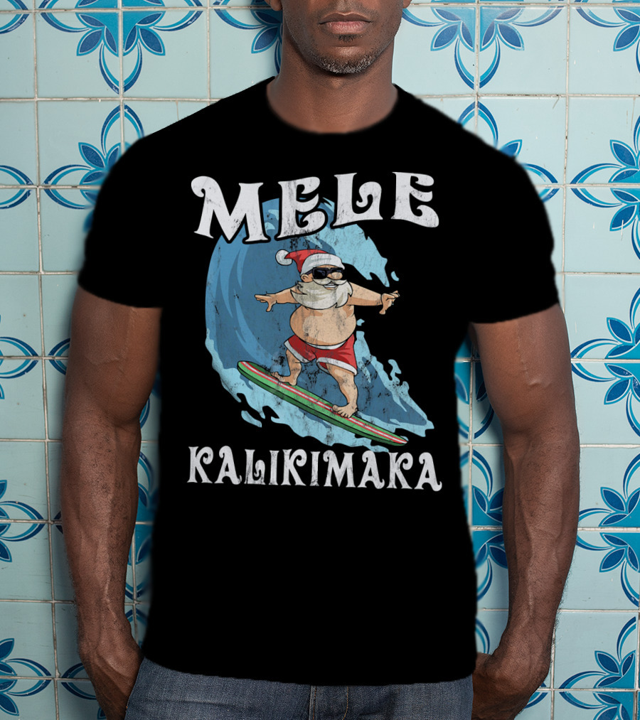 Mele Kalikimaka Funny Santa Surfing Wave T-Shirt