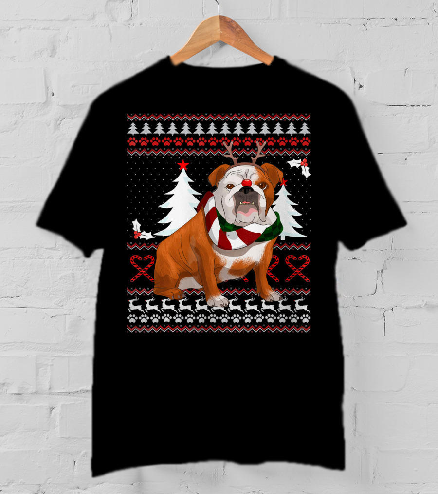 English Bulldog Festive Christmas Sweater With Reindeer Antlers T-Shirt