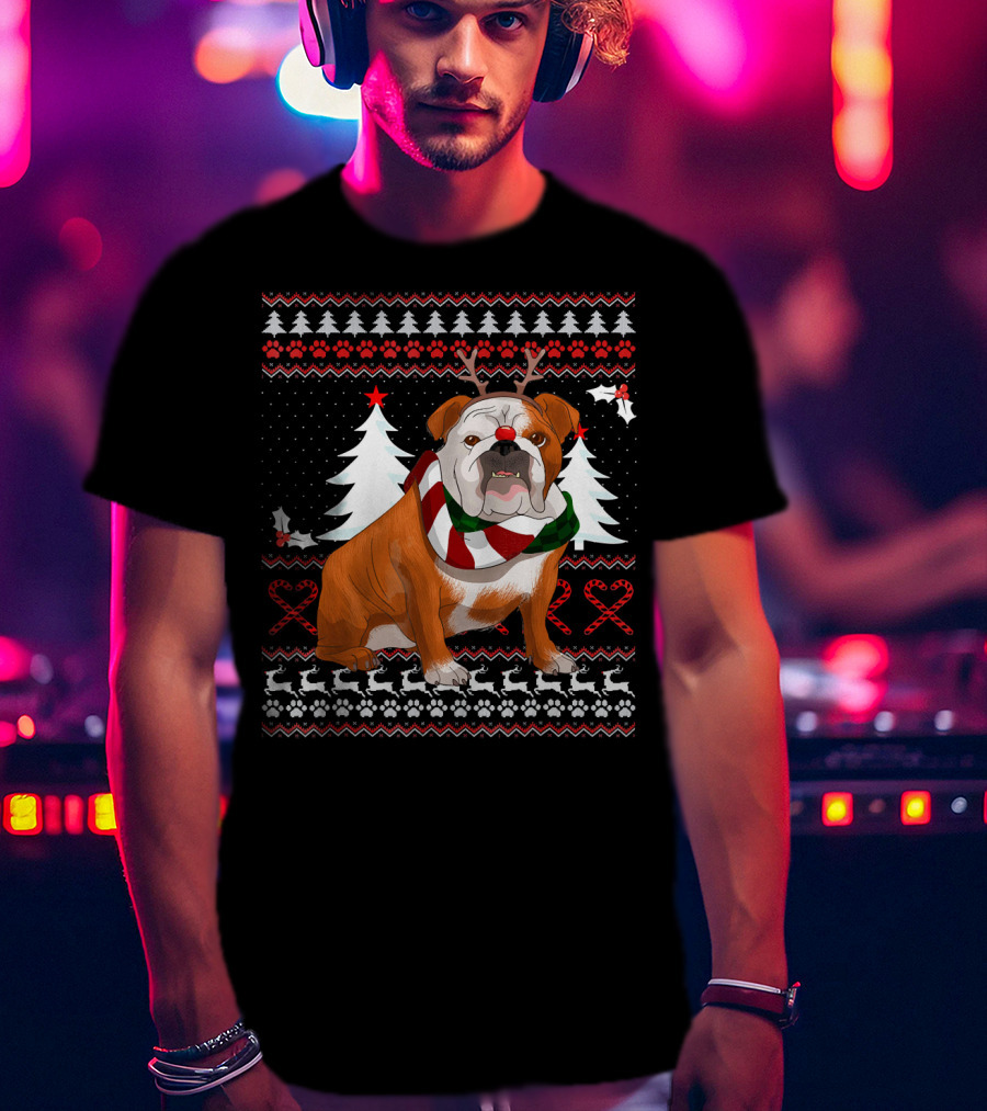 English Bulldog Festive Christmas Sweater With Reindeer Antlers T-Shirt