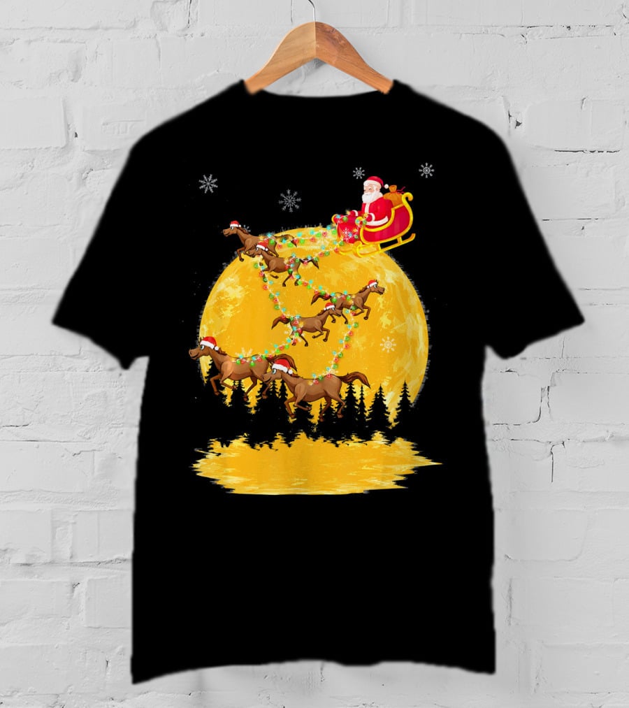 Santa Claus On Sleigh With Horses And Christmas Moon T-Shirt