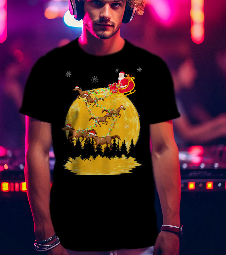 Santa Claus On Sleigh With Horses And Christmas Moon T-Shirt