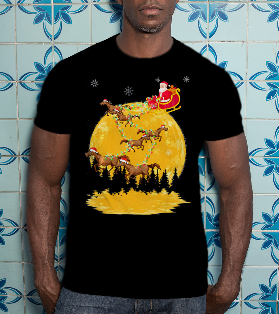 Santa Claus On Sleigh With Horses And Christmas Moon T-Shirt