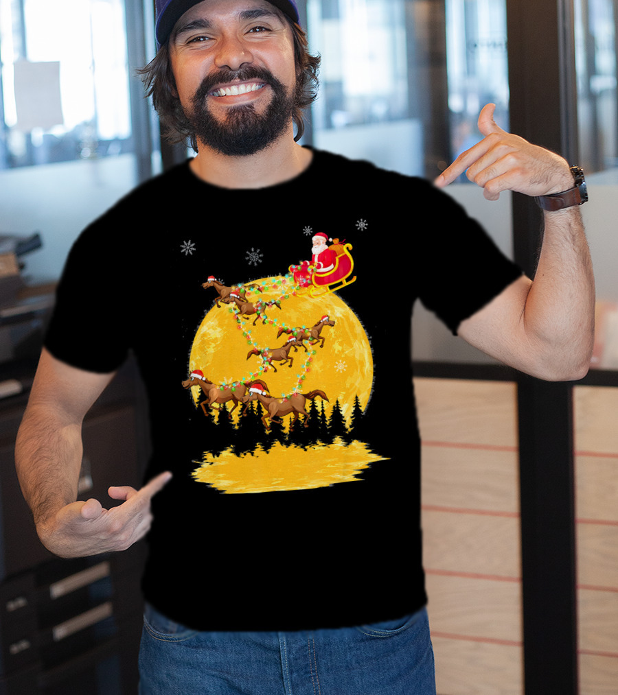 Santa Claus On Sleigh With Horses And Christmas Moon T-Shirt