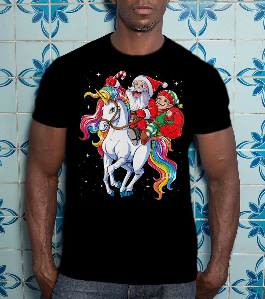 Santa And Elf Riding Rainbow Unicorn Christmas Magic T-Shirt