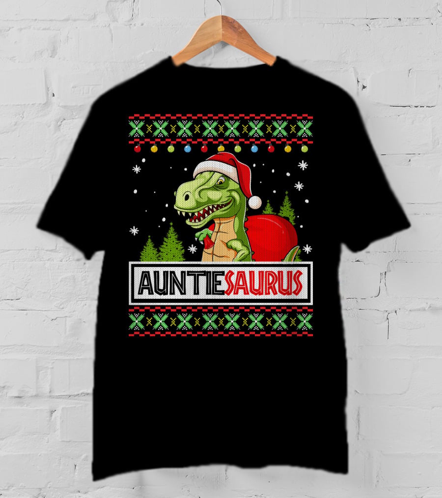 Auntiesaurus Funny Auntie Dinosaur Christmas Sweater T-Rex Santa Hat T-Shirt