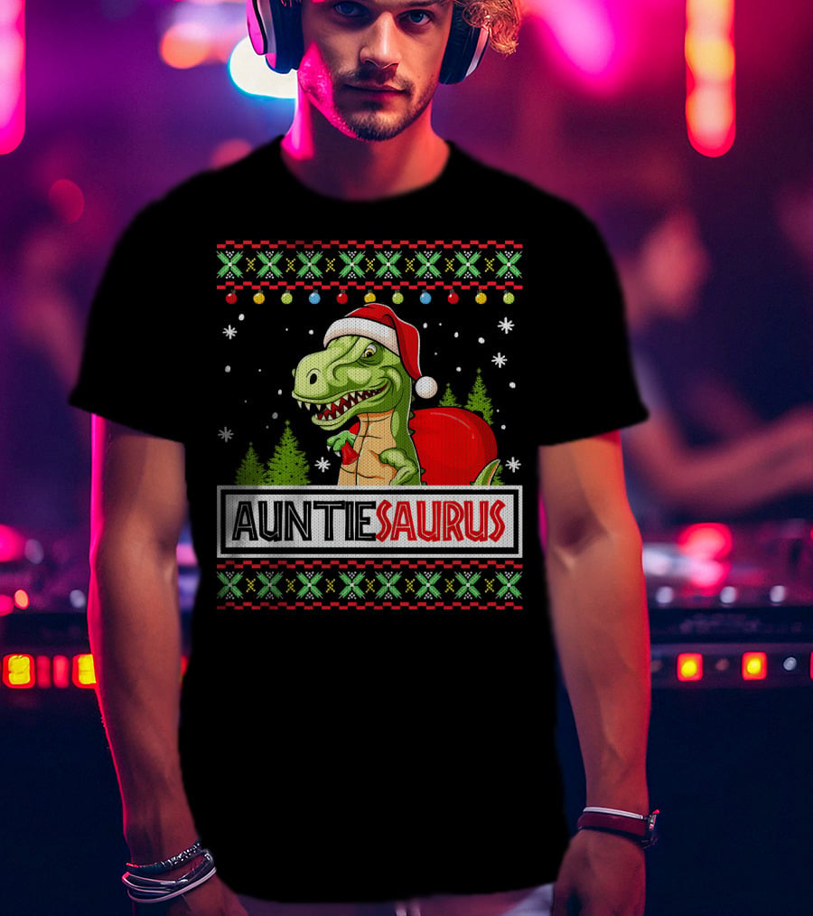 Auntiesaurus Funny Auntie Dinosaur Christmas Sweater T-Rex Santa Hat T-Shirt