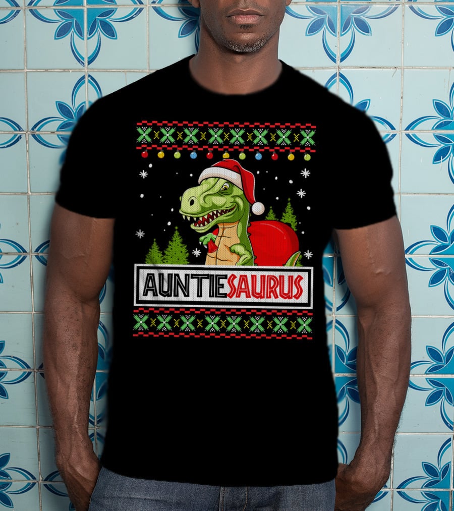 Auntiesaurus Funny Auntie Dinosaur Christmas Sweater T-Rex Santa Hat T-Shirt