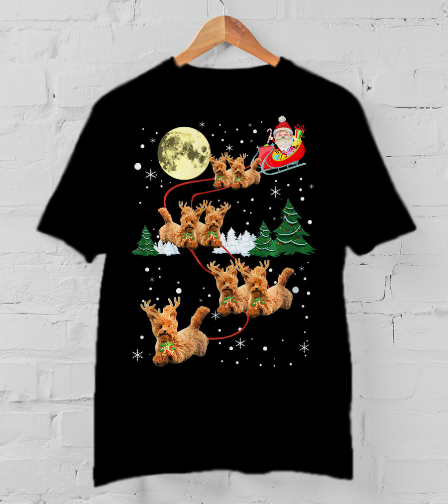 Funny Reindeer Dogs With Santa Sleigh Under Full Moon T-Shirt