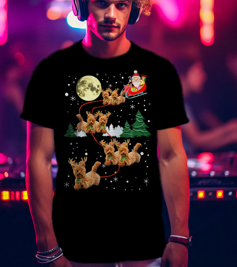 Funny Reindeer Dogs With Santa Sleigh Under Full Moon T-Shirt